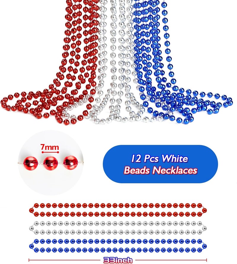 ZZYFGH 12 Pcs 4th of July Beaded Necklace 33'' 7mm Metallic Red/Silver/Blue Bead Necklace Bulk, Mardi Gras Round Beaded Necklaces for July 4th Party Favors Costume Necklace (12 Pcs) - Image 2